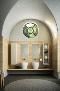 mueble de baño lavabos blancos lavabos sobre encimera madera diseño decoración baño de lujo 